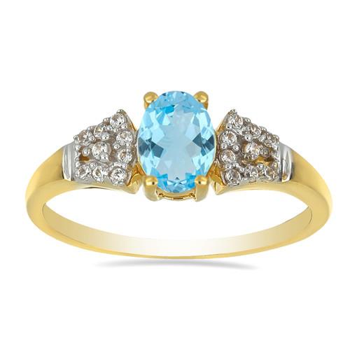 14K GOLD NATURAL SWISS BLUE TOPAZ GEMSTONE CLASSIC RING WITH WHITE DIAMOND